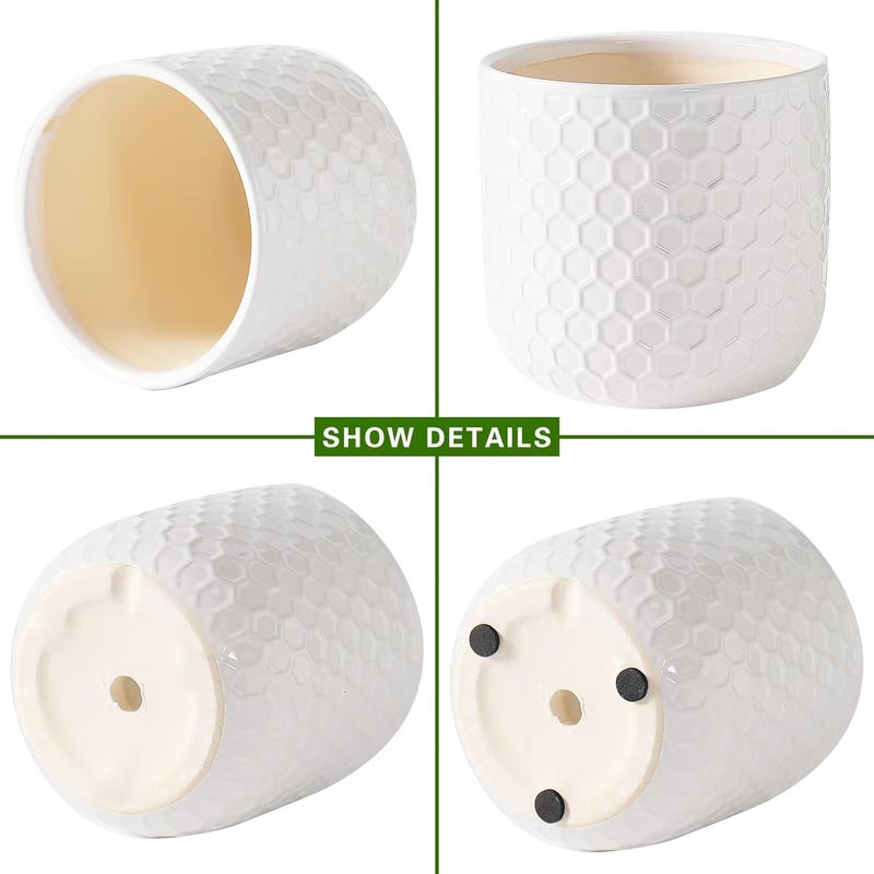 Docrin Store Plant Pots Indoor with Drainage: 6.4+5.3+4 Inch Ceramic Flower Pots for Plants - Set of 3 Modern Decorative Planters for House/Office/Gift - White Honeycomb - Image 3
